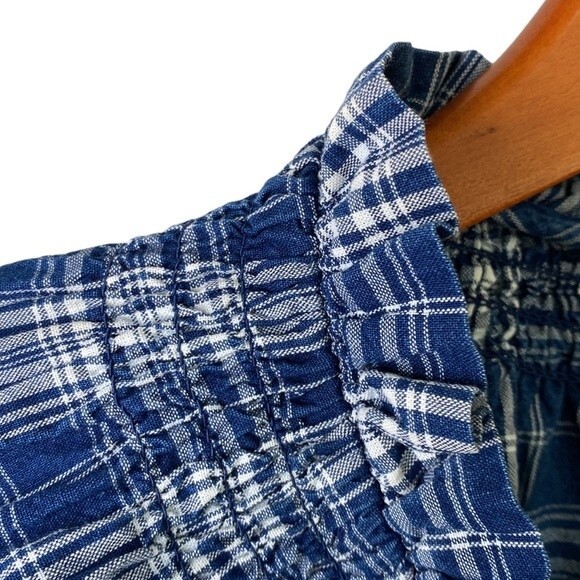 J Crew Plaid Smocked Ruffleneck Top Ansley Blue Wash Ballon 3/4 Sleeve High Neck - Picture 4 of 16